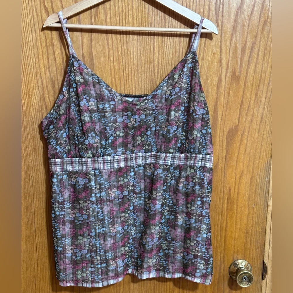 Maurice’s plus size 3 Y2K‎ Floral Plaid Trim Cami Top Brown/Blue/Pink peasant